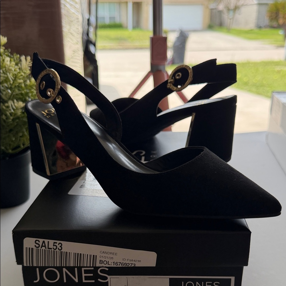 Jones New York Black Pointed Slingback Block Heel with Gold Buckle